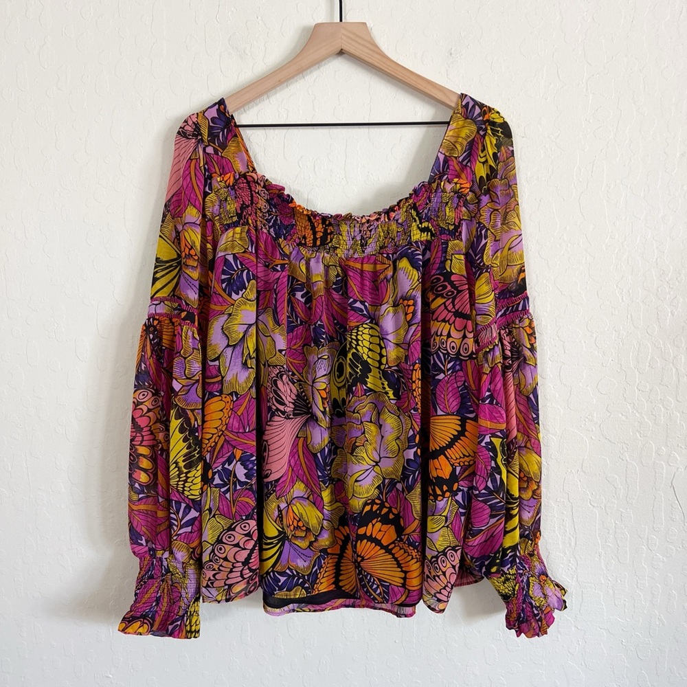 Anthropologie Alexandra Farmer Floral Butterfly Smocked Puff Sleeve Blouse XL - Picture 10 of 10
